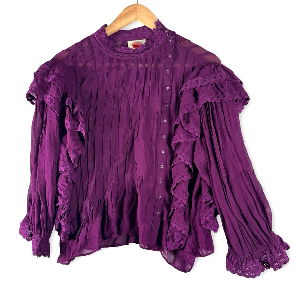 Farm Rio Womens High Neck Ruffled Purple Pleated Blouse Shirt Sz M Medium